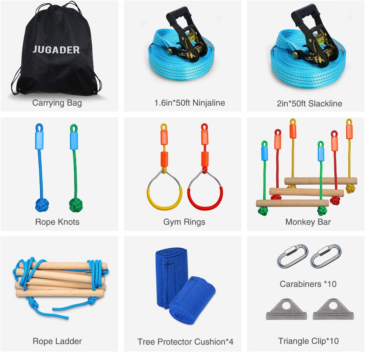 Jugader Ninjaline + Slackline Ninja Warrior Training Equipment for Kids - Backyard Obstacle Courses Including Rope Ladder, Gym Rings, Rope Knots, Monkey Bars: Toys & Games