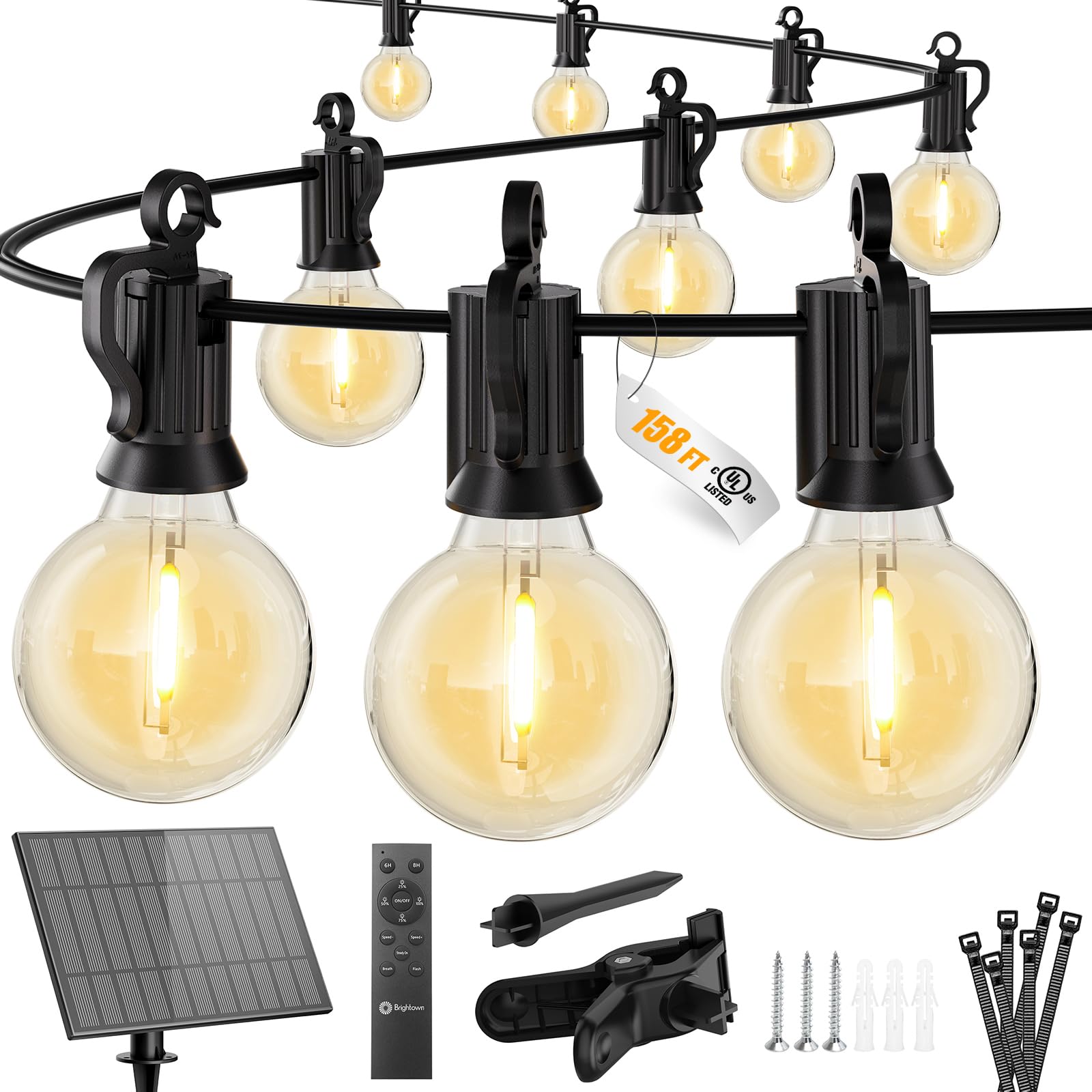 Photo 1 of Brightown 158FT Solar String Lights Outdoor with Remote and 77 LED Shatterproof Bulbs, Dimmable & Timable, 3 Light Modes, Solar Patio String Lights Outdoor for Cafe, Garden, Deck, Outside Wedding