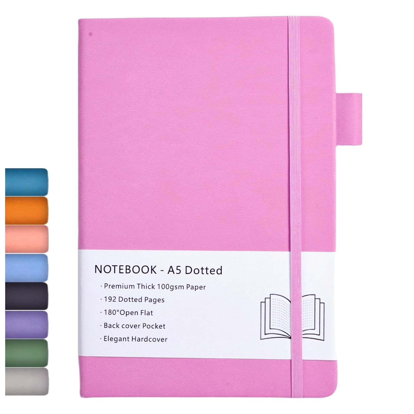 Dotted Journal, A5 Hard Cover Dotted Journal with Premium 100 GSM Thick Paper, Pen Loop, Inner Pocket, Elastic Banded, Faux Leather Cover, 192 Pages, 14.5X21.3 cm (Purplish Pink)