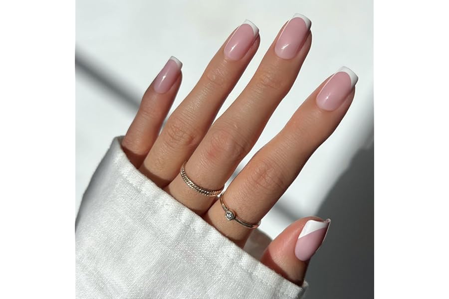 Glamnetic Press On Nails – Classy French | Medium Square Fake Nails, Trendy Micro French Tip, Salon Quality | 15 Sizes – 30 Nail Kit