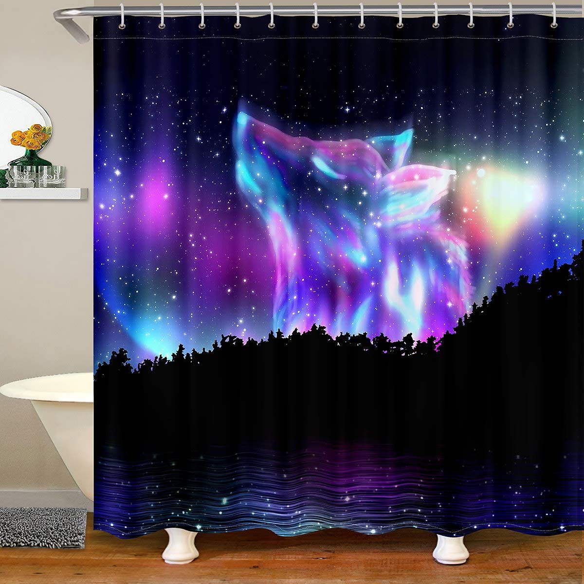 Loussiesd Northern Light Shower Curtain Colorful Galaxy Wolf Bath Curtain For Kids Teens Starry Sky Aurora Bathroom Shower Curtain Set Howling Wolf Wild Animal Waterproof Curtains 72x72 Inch