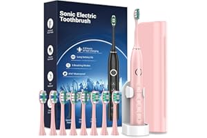 Rtauys S5 Upgraded Sonic Electric Toothbrush for Adults with 8 Brush Heads, IPX7 Travel Electric Toothbrush with Travel Case, 2.5 Hours Charge for 120 Days, 5 Modes with Built-in Smart Timer Pink