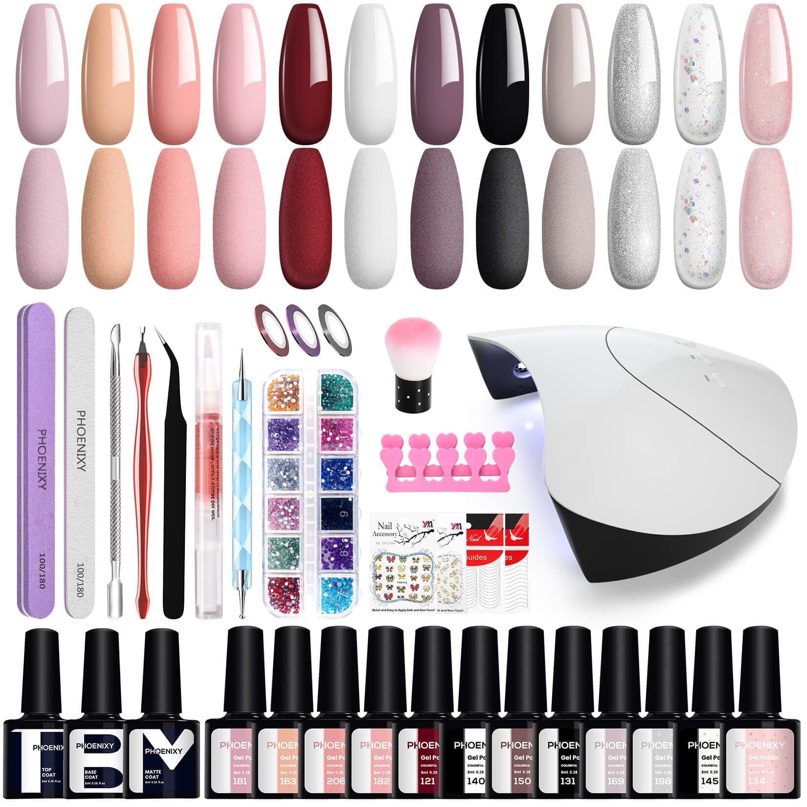 Gel Nail Kit, Phoenixy 12 Colours Nails Polishes Starter Kit with 36W U V LED Soak Off Nail Polish Manicure Lamp Tools Gel Nail Polish Set Gifts for Women