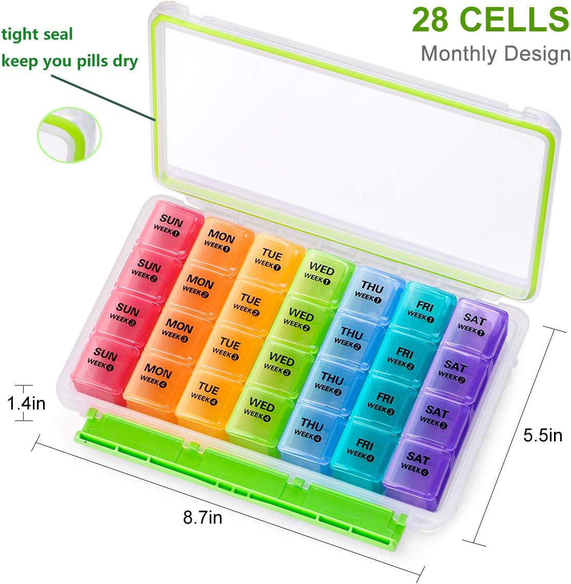 Monthly Pill Organizer 28 Day Case, Sukuos Moisture-Resistant Large 4 Week Month Pill Cases with Dust-Proof Box for Pills/Vitamin/Fish Oil/Supplements: Health & Personal Care