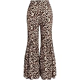 WDIRARA Women's Plus Size Leopard Print Elastic Waist Flare Bell Bottom Ruffle Hem Long Pants