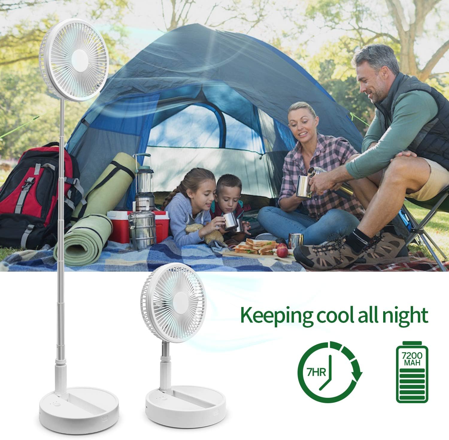 Foldaway Rechargeable Standing Fan Battery Operated 8'' for Camping, Fishing, home, Office, Outdoor Activities, 3 Speed Modes 7200 MAH with Folding Telescopic Link 39 Inch Height (WHITE): Kitchen & Dining