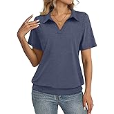 TICTICMISS Womens Polo Shirts Short Sleeve Banded Bottom Tops Business Casual Tops Collared V Neck Dressy Blouses