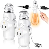 2 Packs Light Socket to Plug Adapter, Convert E26E27 Bulb Socket to Outlet | Double Sides Support 3/2 Prong, Pull Chain for Light Control, Heat-Resistant Materials, No Tools Required, Quick Installation