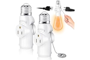 2 Packs Tobasovk Light Socket to Plug Adapter, 3 Prong Light Bulb Outlet Socket Adapter with Pull Chain, Light Socket Outlet Extender, Safety Performance & Professional Material - White