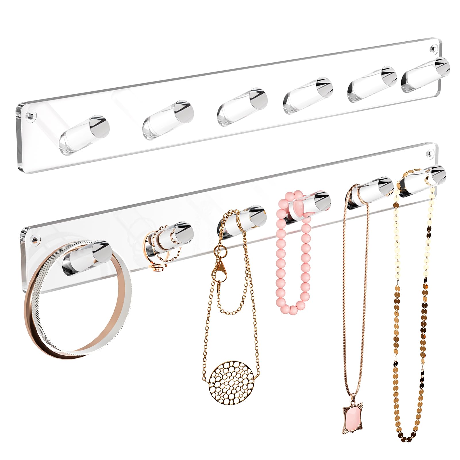 Photo 1 of MaxGear Acrylic Necklace Holder 2 Pack, Wall Mounted Jewelry Organizer for Necklaces, Bracelets, Rings, and Bangles Display Rack, Hanging Jewelry Hooks for Women & Girls