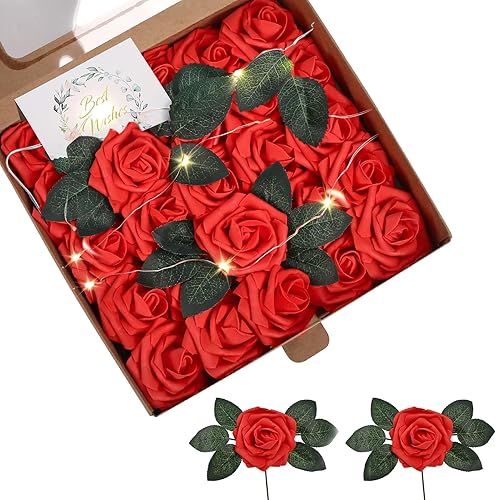 Warmiehomy Red Artificial Roses, 25pcs Fake Rose Flowers with Stem, Faux Foam Roses with Light & Gift Card for Wedding Bridal Bouquets Centerpieces Arrangement Mothes Day Party Home Decoration
