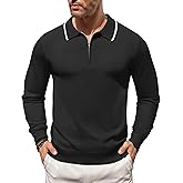 COOFANDY Men's Knit Polo Shirt Long Sleeve Quarter Zip Polo Sweater Casual Golf Shirts Vintage Striped Collar Polo