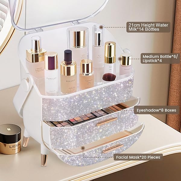 MASSY EGG SHAPE(OVAL) MAKEUP STORAGE BOX, COUNTERTOP PORTABLE VANITY COSMETICS ORGANIZER PREPPY STYLE (RHINESTONE WHITE)