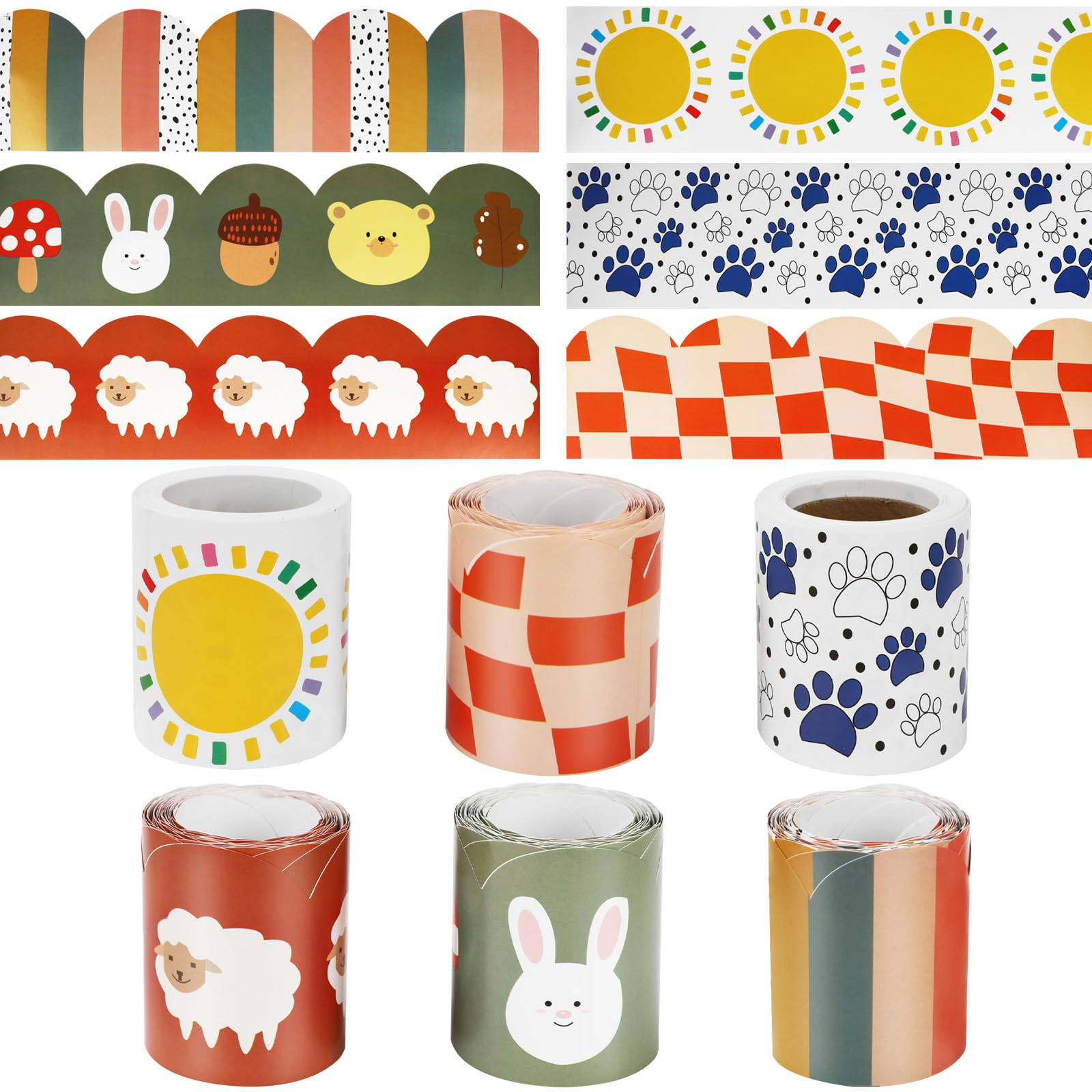 Eyoloty 6 Rolls 66m Bulletin Board Borders Stickers, Forest Animals, Sheep, Sun Bulletin Board Edge 6 Designs for Classroom, Door, Window, Blackboard, Whiteboard, Wall, Baby Shower or Other Party