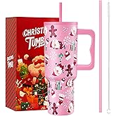 TaroKitc 40 oz Christmas Tumbler with Handle and Straw, Xmas Stainless Steel Insulated Travel Mug, Cup Holder Friendly, Christmas Holiday Gifts for Women Men Her Him, Pink Cute Sleepy Santa