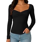 TiulZial Women's Long Sleeve Shirts Going Out Tops Basic Cute Pleated Sweetheart Neck Y2K Fall T Shirts