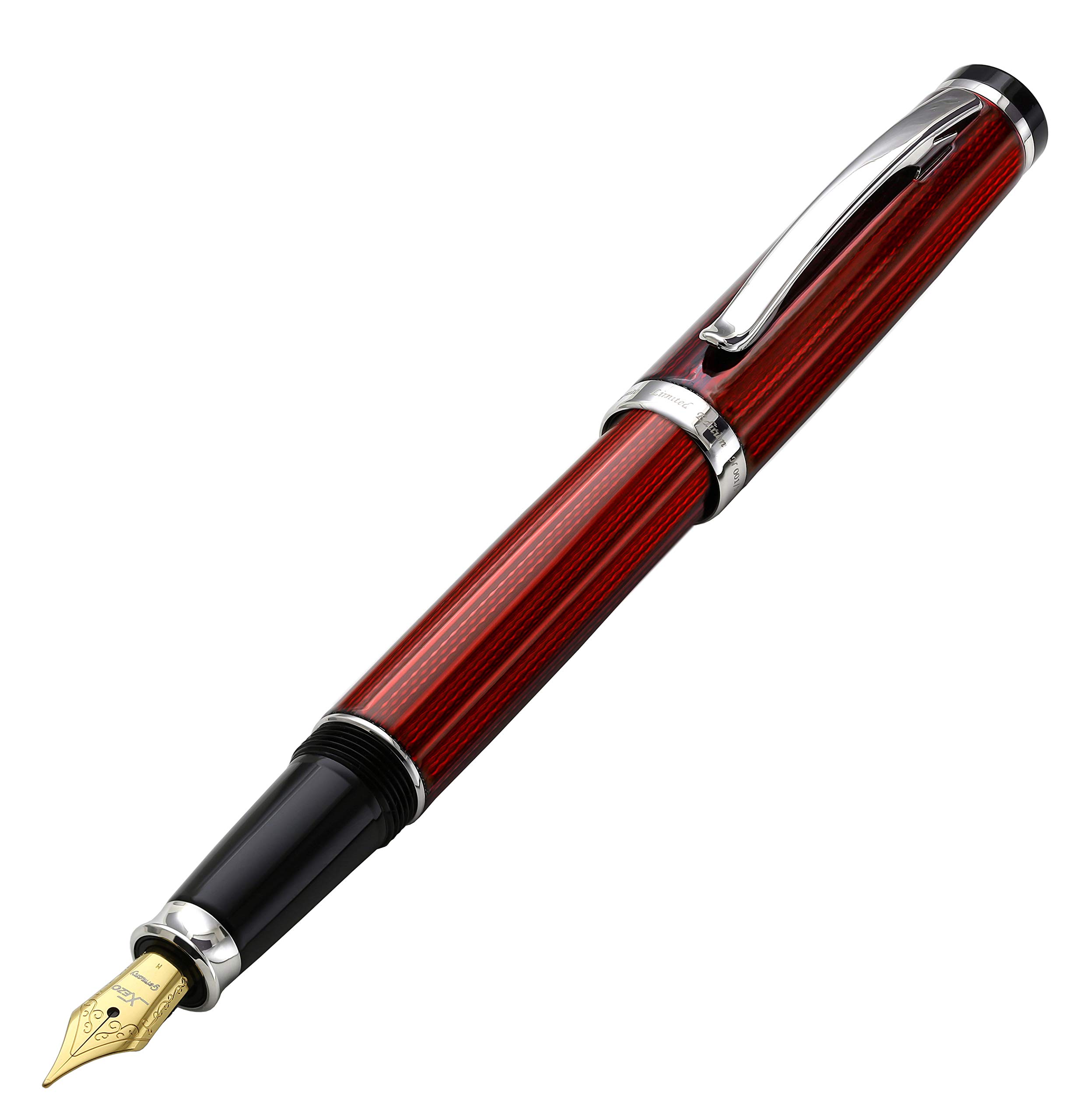 Xezo Incognito Fountain Pen, Medium Nib. Burgundy Red Layered Lacquer with Pure Platinum Plating. Handcrafted and Guilloche Engraved. Limited Edition, Serialized