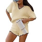 Tankaneo Womens Sweater Set 2 Piece Outfits Lapel V Neck Short Sleeve Knit Tops Summer Shorts Lounge Sets