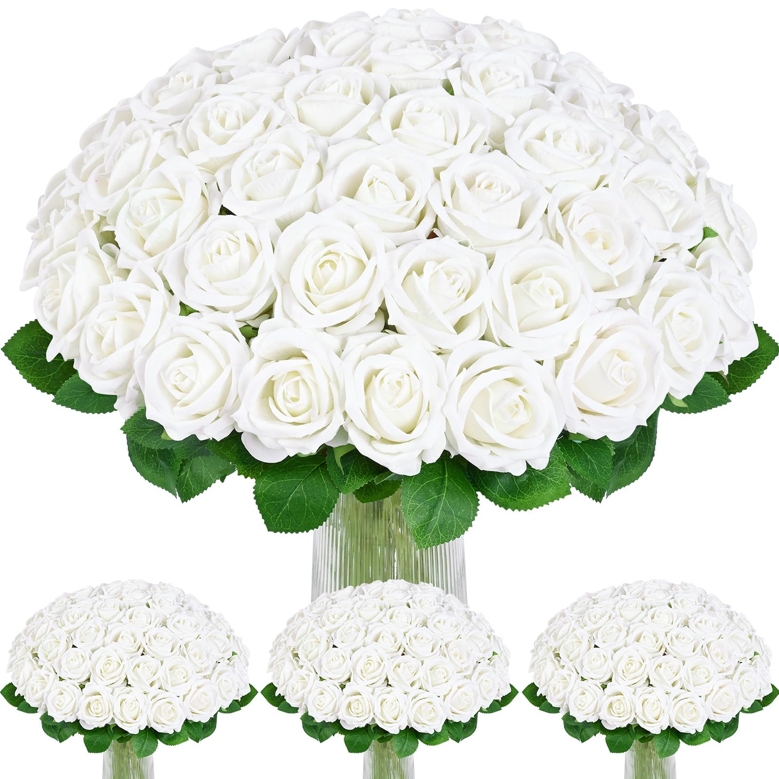 Photo 1 of 100 Pcs White Roses Artificial Flowers, Real Touch Velvet Roses Bouquet Fake Flowers Bulk, Artificial Roses with Long Stems for Birthday Gift Women Mom DIY Bridal Wedding Centerpiece Decorations