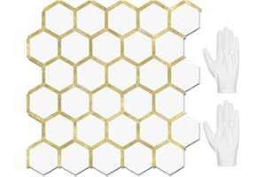 STICKGOO Hexagon Peel and Stick Backsplash Tile, Stick on Backsplash for Kitchen and Bathroom, Pure White PVC Mixed Metal Gold Self Adhesive Wall Tiles(10 Sheets, Seamless)