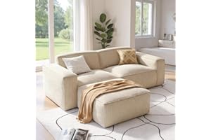 AMADA HOMEFURNISHING Amada 80" L Shaped Sofa Modular, Corduroy Clopud Couches with Deep Seats &High-Back, Upholstered Couches for Living Room Bedroom with Ottoman, No Assembly Required(2-Seater&1 Ottoman,Beige White)