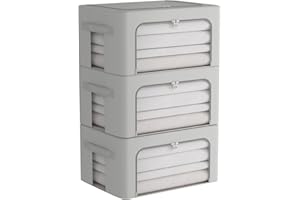 CYHOM 3Pack Frame Storage Box - Clothes Storage Bin Bags Oxford Fabric Foldable Stackable Container Organizer Set with Clear Window & Carry Handles (Grey, Medium-44L)