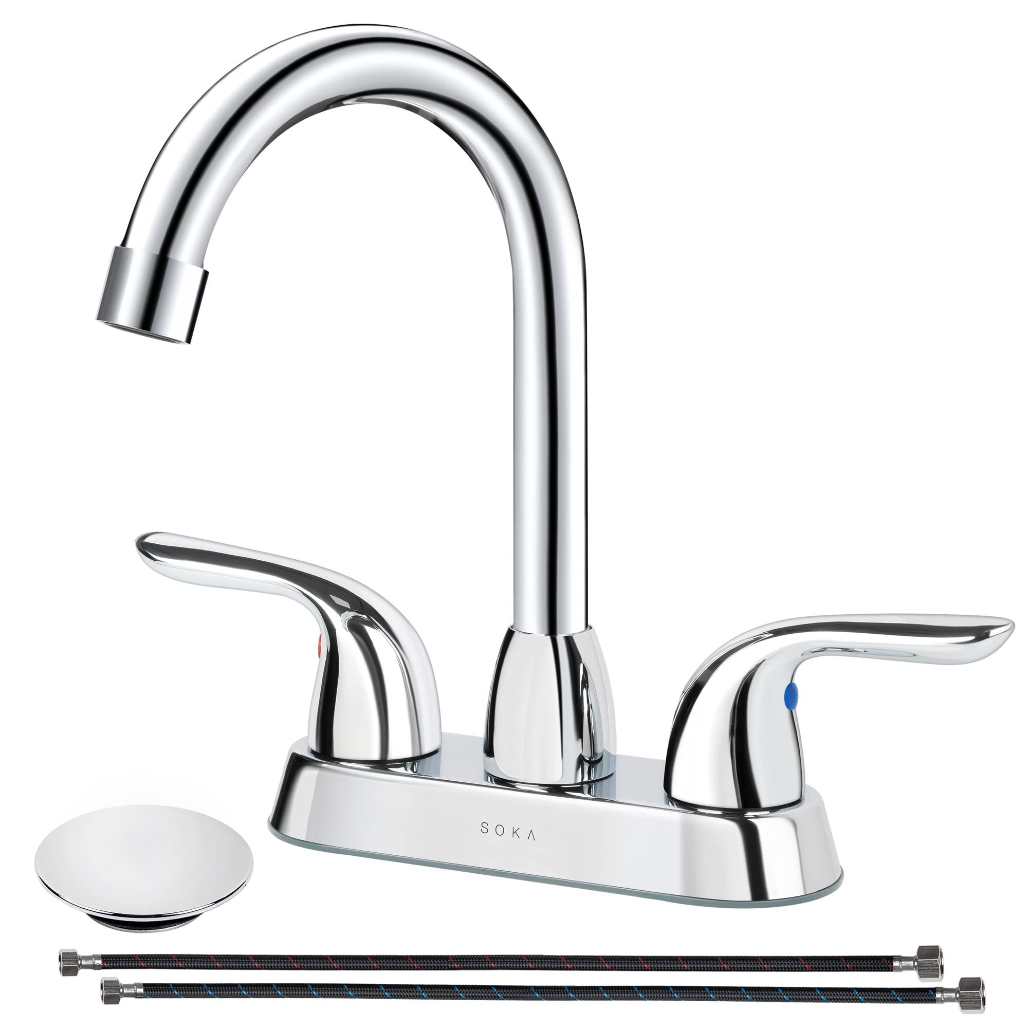 SOKA Two Handles Centerset Bathroom Faucet for Sink High Arc Stainless Steel with Deck Plate & Pop-Up Drain Assembly Fit 3 Hole Installation, Chrome