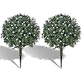 24" Artificial Boxwood Topiary Ball Bush with White Flowers, Set of 2 Artificial Shrub Bushes with Spike, Fake Evergreen Tree for Porch, Artificial Plants for Outdoor Planters Indoor UV Resistant