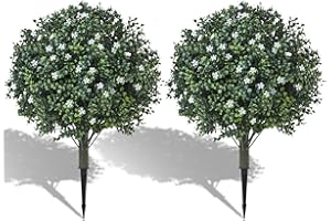 MGWILL 24" Artificial Boxwood Topiary Ball Bush with White Flowers, Set of 2 Artificial Shrub Bushes with Spike, Fake Evergreen Tree for Porch, Artificial Plants for Outdoor Planters Indoor UV Resistant