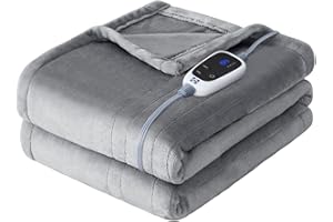Sealy Heated Throw Blanket, Flannel Electric Blanket Throw with 6 Heating Settings & 2-10 Hours Auto Shut Off, Fast Heating & Machine Washable for Home Office Use, 50x60 Inch, Light Grey