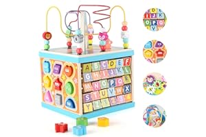 Qilay Wooden Activity Cube for Toddlers (Large), 5 in 1 Multipurpose ABC-123 Abacus Bead Maze Shape Sorter | Early Educational Toy for Toddlers - First Birthday Present for Boys Girls