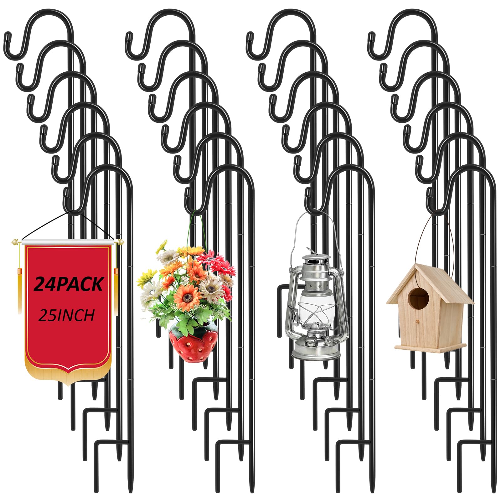 Photo 1 of Hicarer 24 Pack 25 Inch Shepherds Hooks Outdoor Plant Hanger Metal Shepherd's Hook Black Garden Bird Feeder Pole
