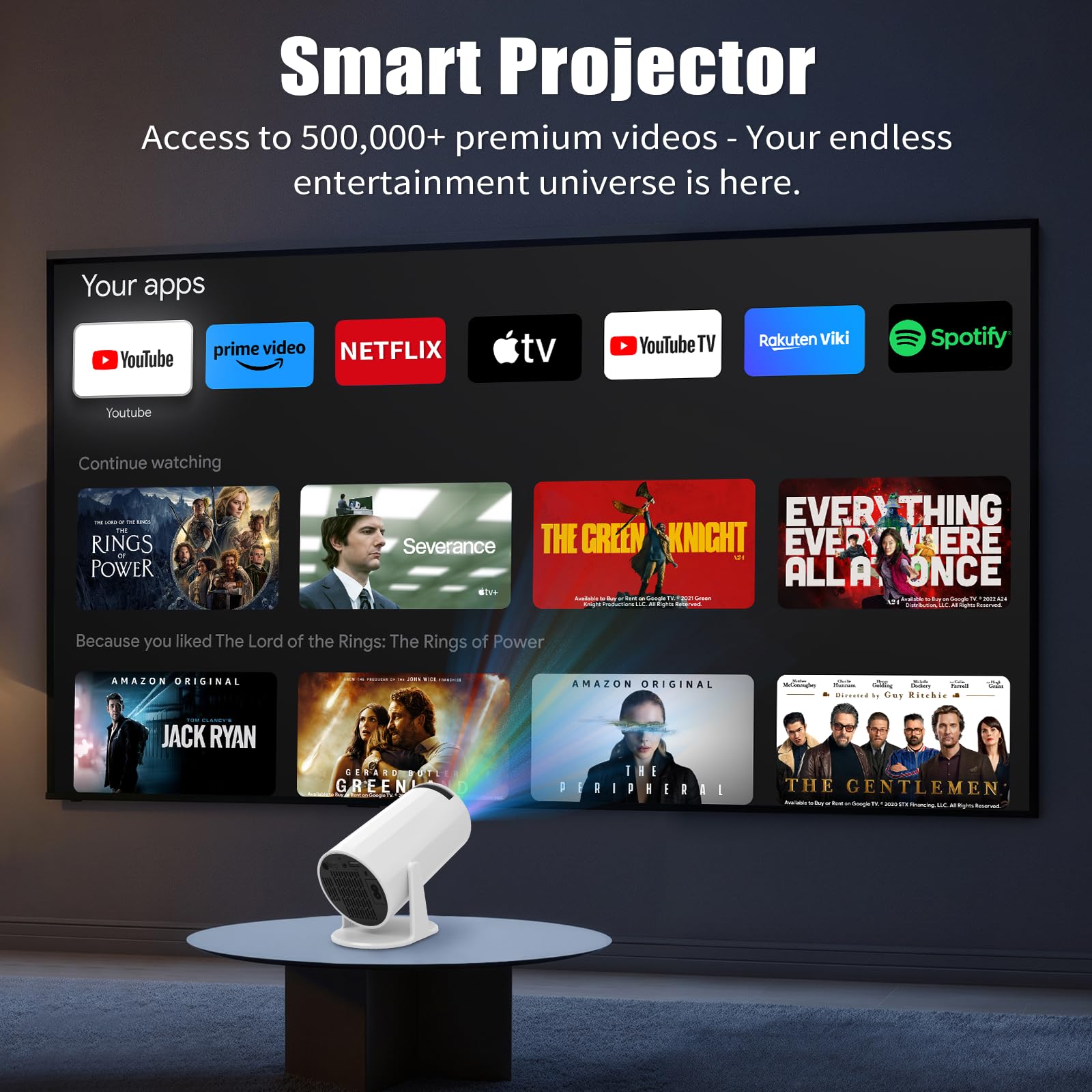 LJYT mini projector, 1080P Portable Projector, Support 4K，WiFi 6, Android 11 ,200 ANSI Lumens, Auto Keystone, Bluetooth 5.4, 210° Rotation, Compatible with TV Stick/HDMI/USB/Smartphone (White)