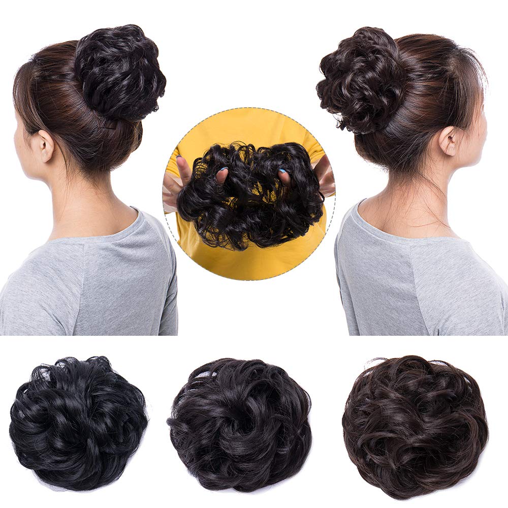 Silk-co Scrunchy Scrunchie Curly Hairpieces Messy Hair Bun Chignons Wavy Donut Updo Synthetic Hair Extensions 35g Jet Black