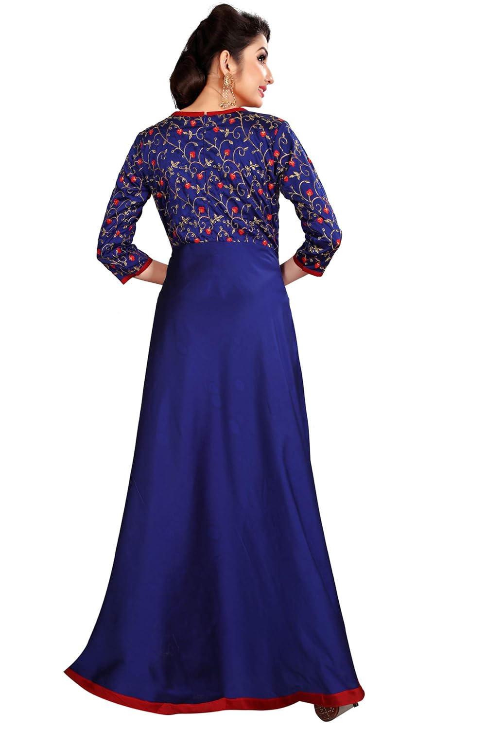 spangel fashion blue silk embroderied design women's anarkali gown dress