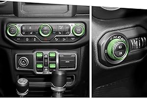 Jimen Fit for Jeep Wrangler JL JLU 2018-2025 & Gladiator JT 2020-2025, 8PCS Window Button Trim & Audio Volume Radio Knob AC Control Ring Air Conditioning Knob & Headlight Switch Knob Cover (Green)