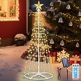 Outdoor Solar Christmas Tree Lights, 4FT Lighted Artificial Cone Tree | Warm White, 154LED, Remote, 8 Modes, USB Charge, Timer, Star Topper Waterproof Christmas Tree Decor for Garden Yard Patio