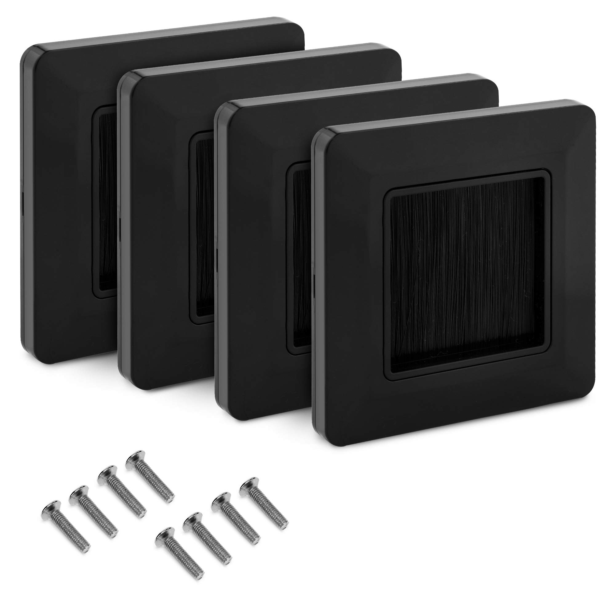 kwmobile Flush Brush Wall Plate - 4X European Single Gang Flush Wall Mounted Brush Faceplate to Cover Outlets, Sockets and Tidy Up Wires - Black — image 1