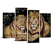 RnnJoile Lion Paintings Wall Art Lion and Lioness with Crown Canvas Pictures Framed Modern King Animal Artwork for Contemporary Home Office Wall Decor 4 Pieces Ready to Hang