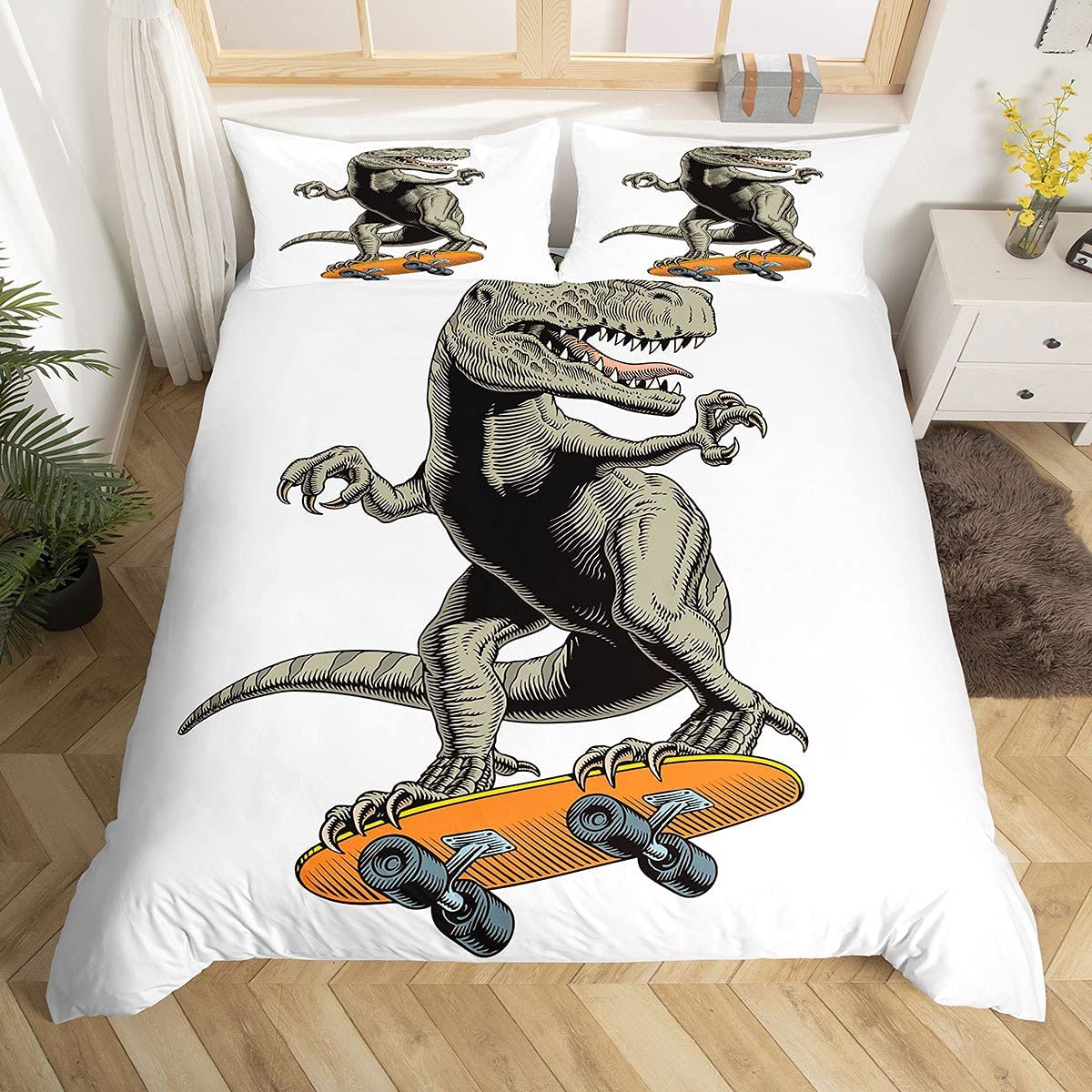 Skateboard Bedding Set 3D Dinosaur Animal Print Comforter Cover for Kids Boys Girls Teens Sports Theme Skate Board Duvet Cover Lightweight Microfiber Decor 2Pcs Bedclothes Single