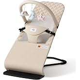 Baby Bouncer Seat for Babies 0-12 Months, Ergonomic Infant Rocker, Beige | 3-Height Adjustments, Detachable Hanging Bar, Fold