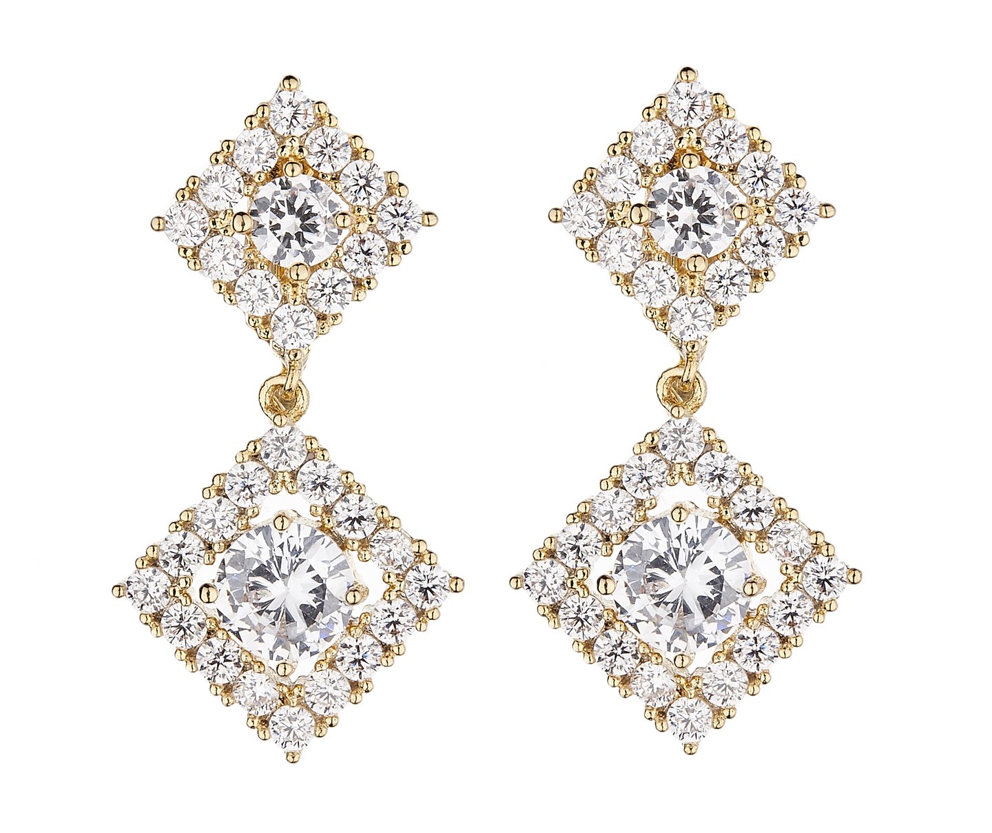 Gold Plated Drop Clip On Earrings With Clear Crystals And Stones - Novia G