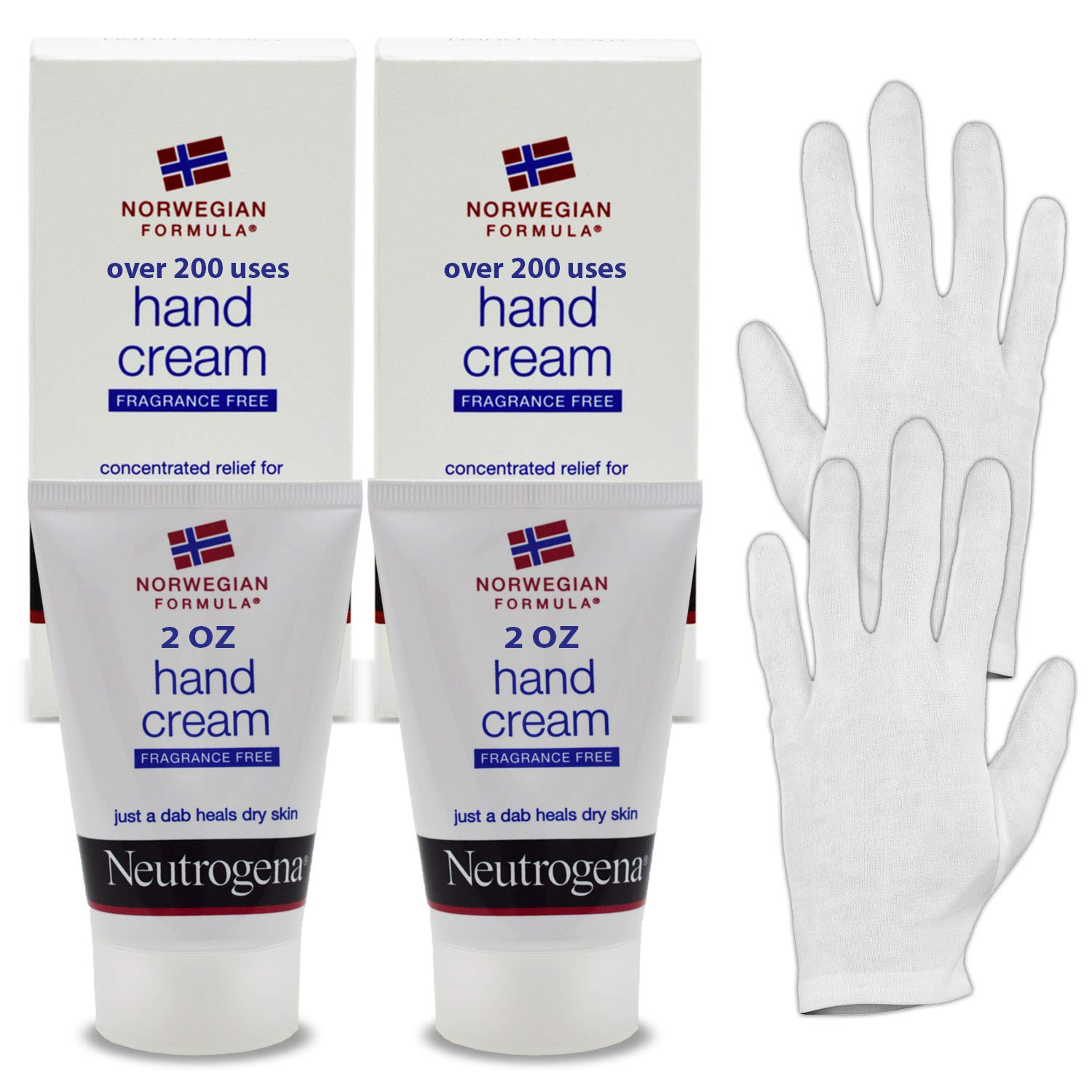 Neutrogena Norwegian Formula Hand Cream Kit: 2 Oz (200 Applications) Hand Lotion For Dry Cracked Hands (2 PK) & HeroFiber Large Overnight Moisturizing Thin White Cotton Sleeping Gloves.