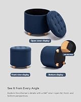 HNNHOME Navy Round Linen Padded Storage Ottoman 45cm view 4