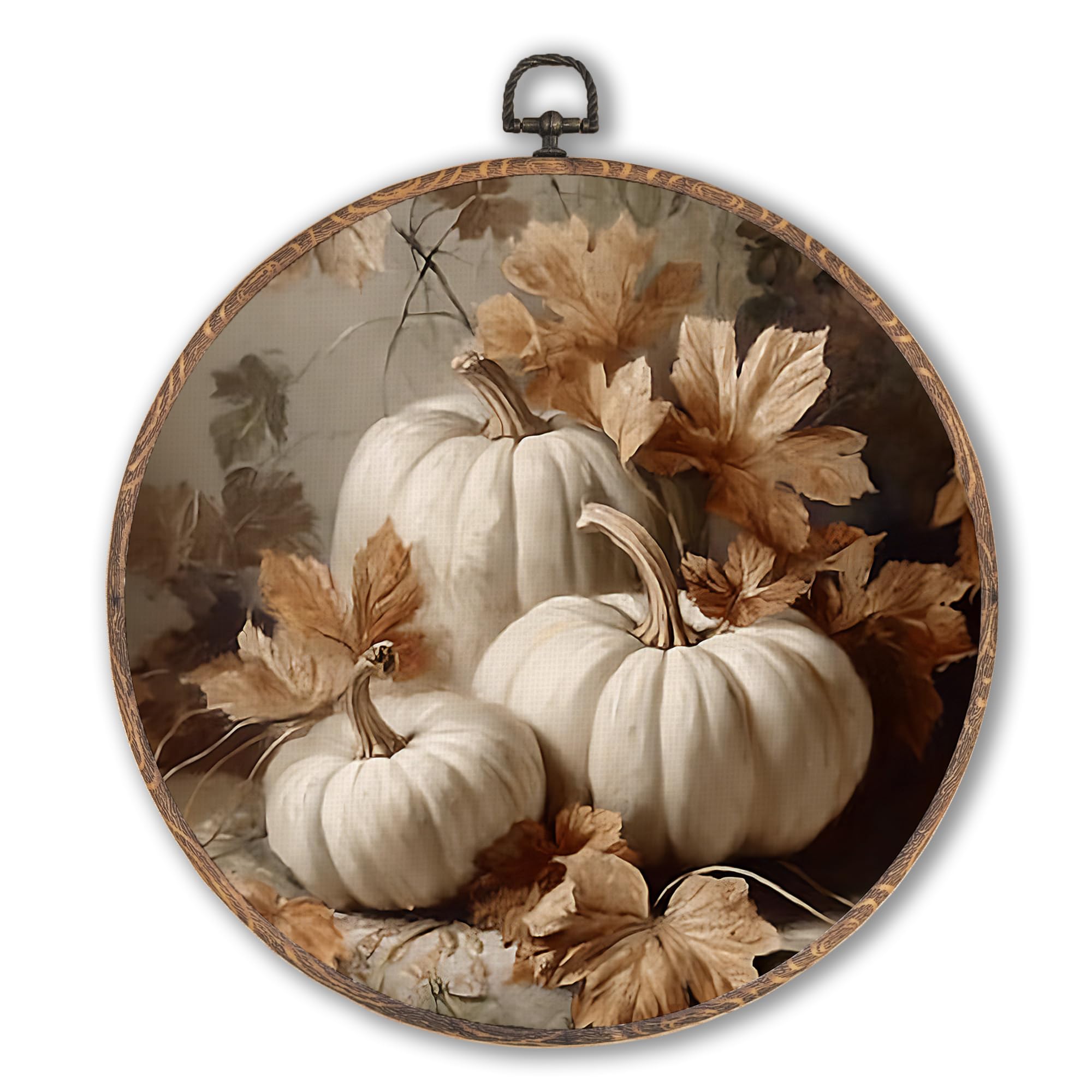 View 1 of  2 Hxlac Vintage Fall Pumpkin Maple Leaves Round Wall Art Framed, Fall Halloween Round Wall Decor, Vintage Autumn Hanging Canvas Prints Wall Sculptures for Farmhouse Home Living Room Decor, 10x10 Inch