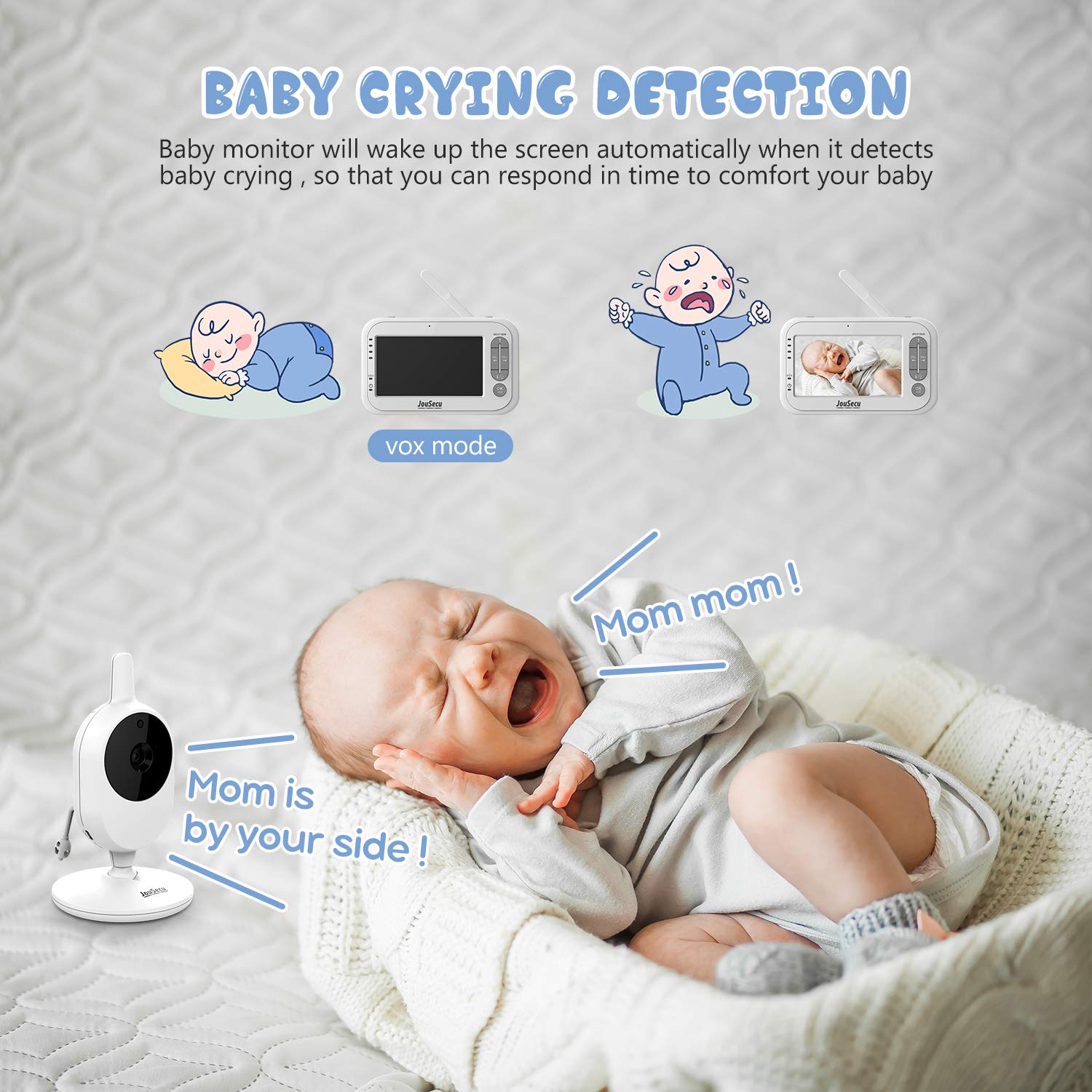 Video Baby Monitor JouSecu Infant Monitor with 2 Camera 4.3 Inches LCD Split Screen 1440mAh Rechargeable Battery Temperature Detection Baby Crying Detection Night Vision 2-Way Audio : Baby