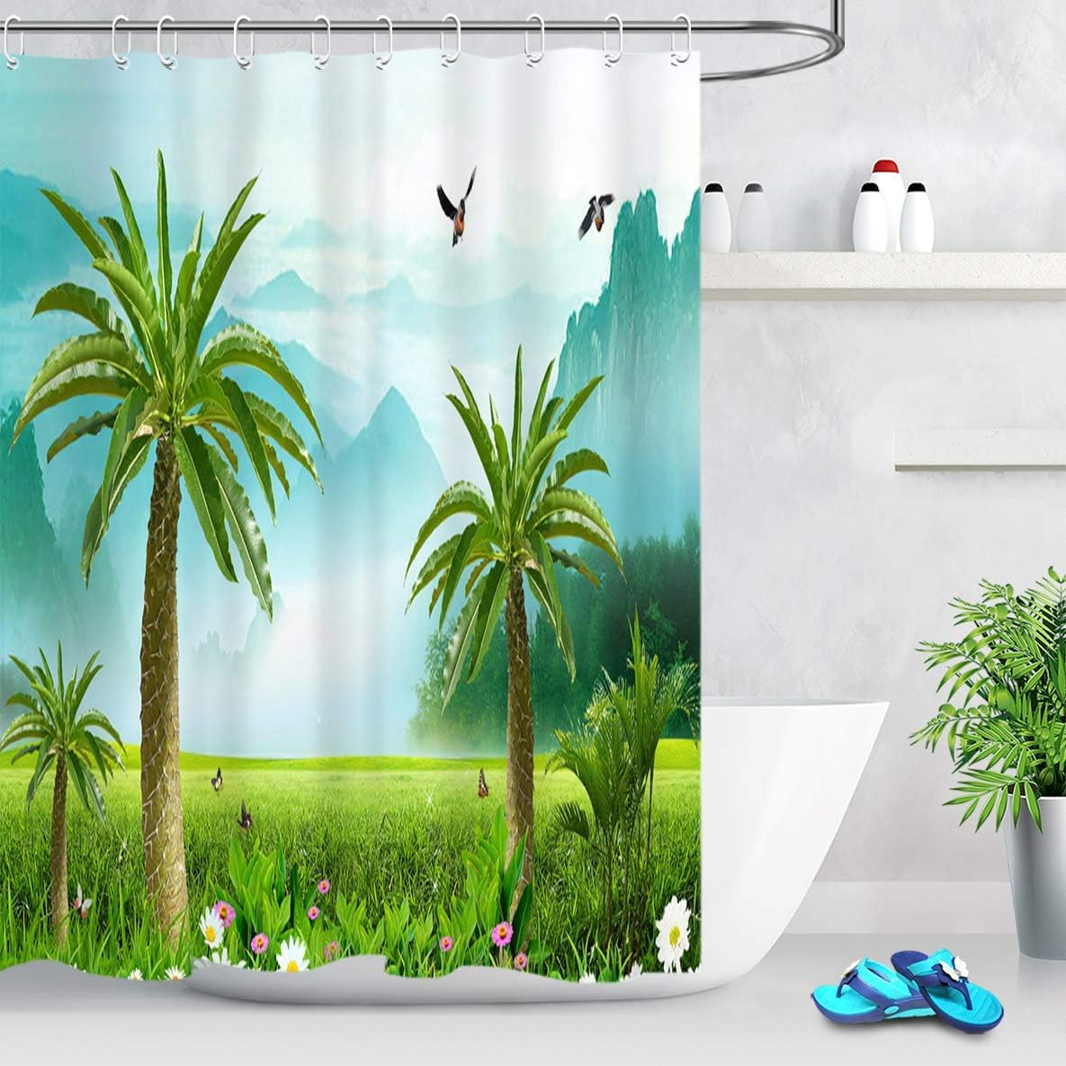 Douchegordijn, fris design, palm, kleurrijke bloemen, groene grasbomen met troebels, bergen