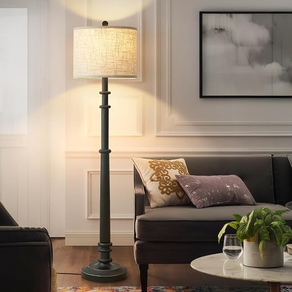 FLOOR LAMPS FOR LIVING ROOM – 60″ RESIN FARMHOUSE FLOOR LAMP WITH ADJUSTABLE COLOR TEMPERATURES – VINTAGE STANDING LAMP READING LIGHT WITH LINEN SHADE RETRO TALL LAMP FOR BEDROOM OFFICE, BLACK