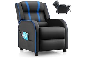 Costzon Kids Recliner, Gaming Recliner Chair w/Side Pockets, Footrest, Headrest & Lumbar Support for Kids Room & Play Room, Adjustable Racing Style Leather Sofa for Children Boys Girls (Blue, Black)