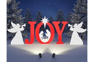 LEIFEOSH Christmas Joy Nativity and Angels Outdoor Decoration with Spotlight, Joy Christmas Nativity Scene Yard Signs Lawn Decor Weather Resistant PVC Silhouette Outdoor, Red